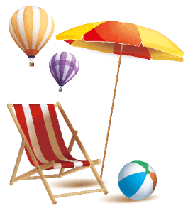 a deckchair with a sun umbrella and balloons